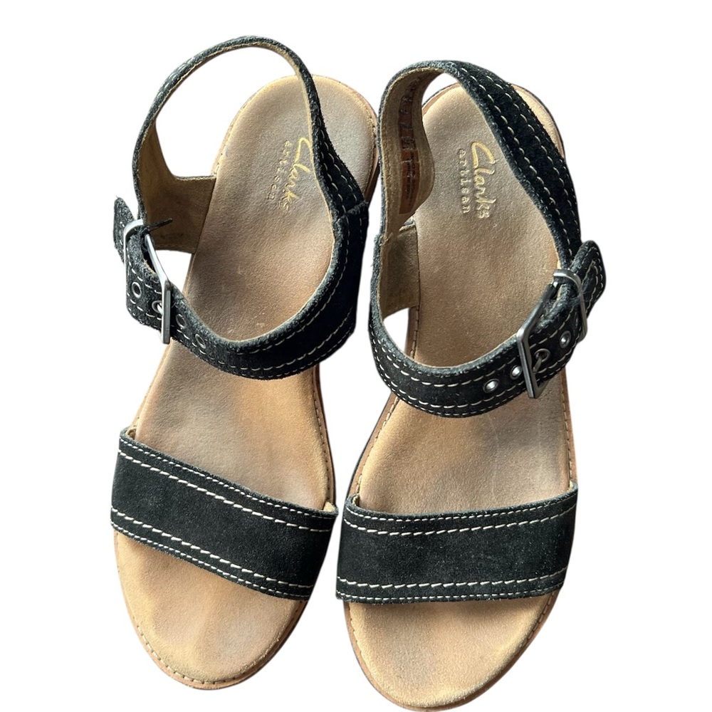 Clarks Women's Aisley Orchid Wedge Sandal, Black Suede, Size 9